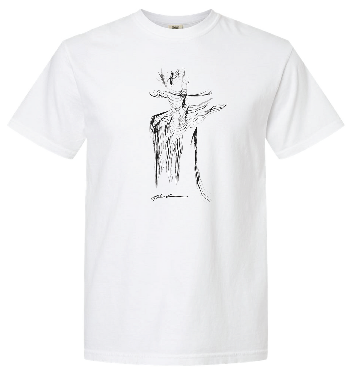 White T-shirt printed with a black ink cowboy in a hat and poncho