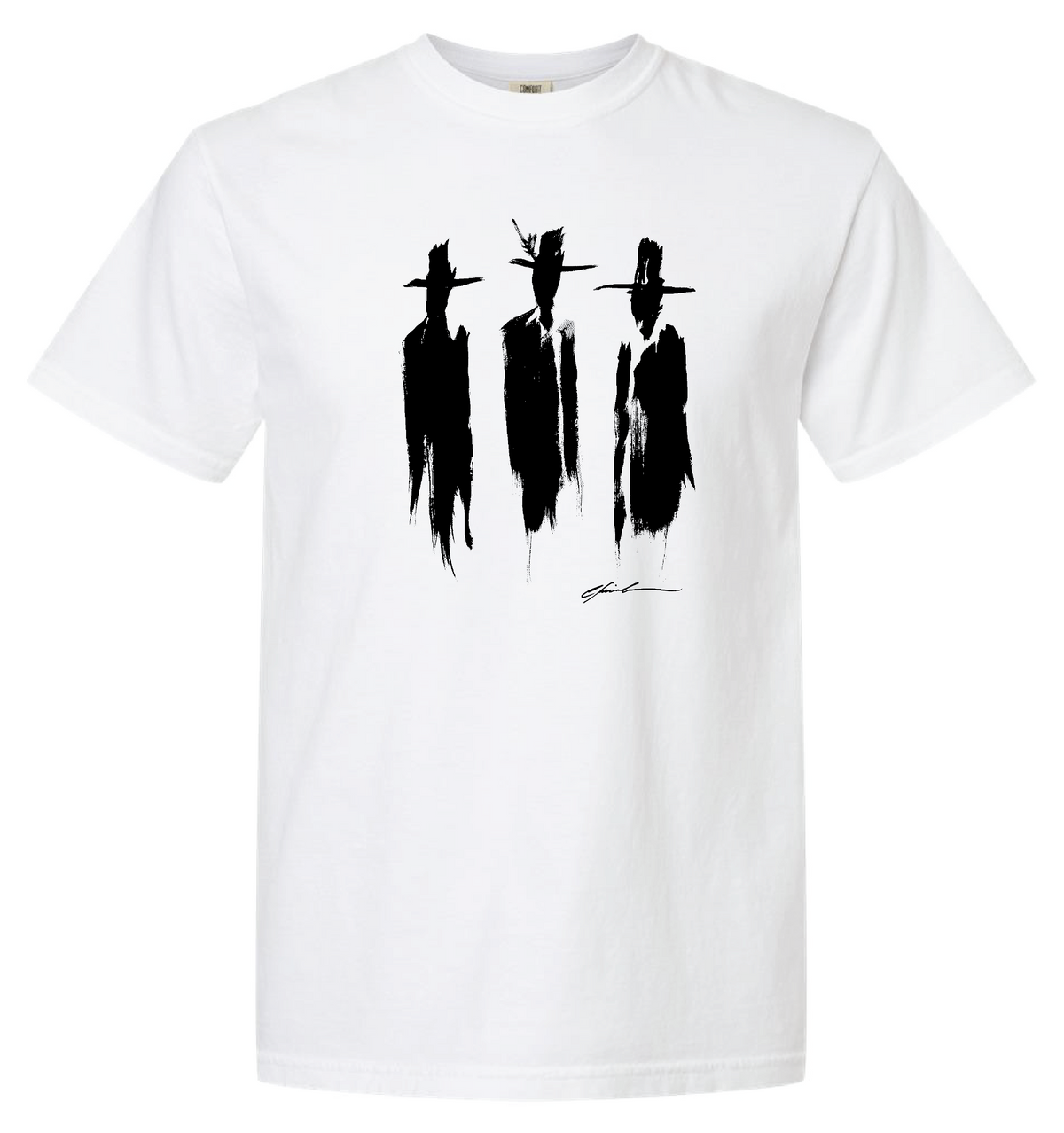 White T-shirt printed with three black cowboy silhouettes in hats