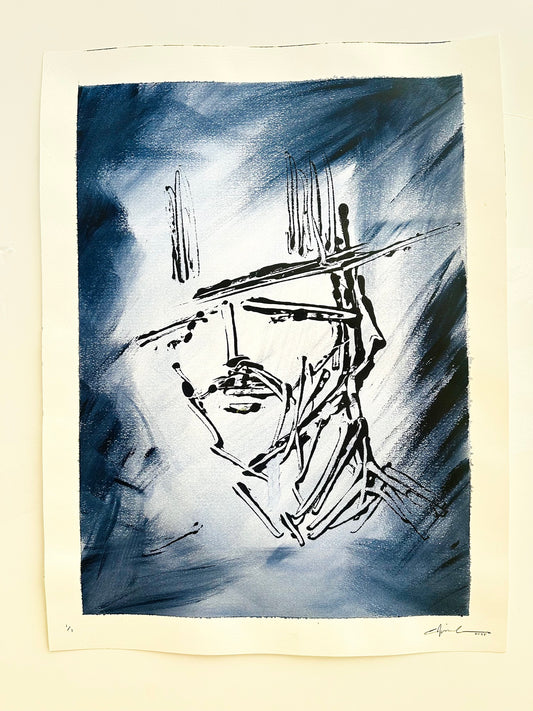 Back in Blue, black acrylic cowboy face under a wide-brim hat over smoky Payne's gray, on cold-pressed watercolor paper
