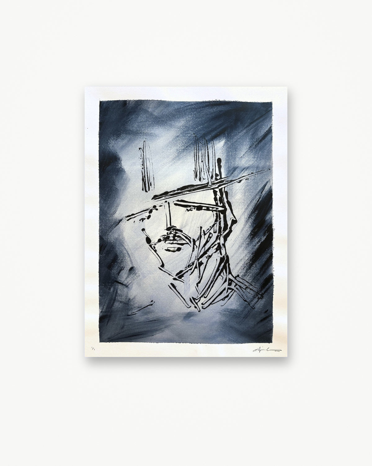Back in Blue, black acrylic cowboy under a wide-brim hat on a smoky Payne's gray ground, cold-pressed watercolor paper (neutral white view)