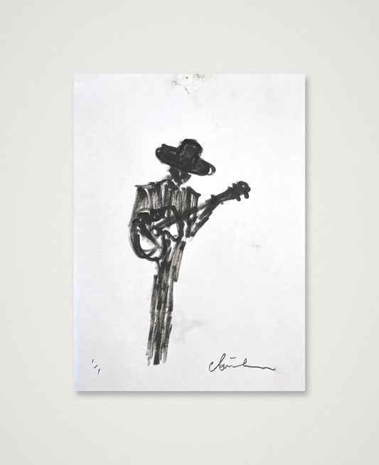 Cowboy with Guitar, signed original acrylic sketch by Chris Coleman on white paper