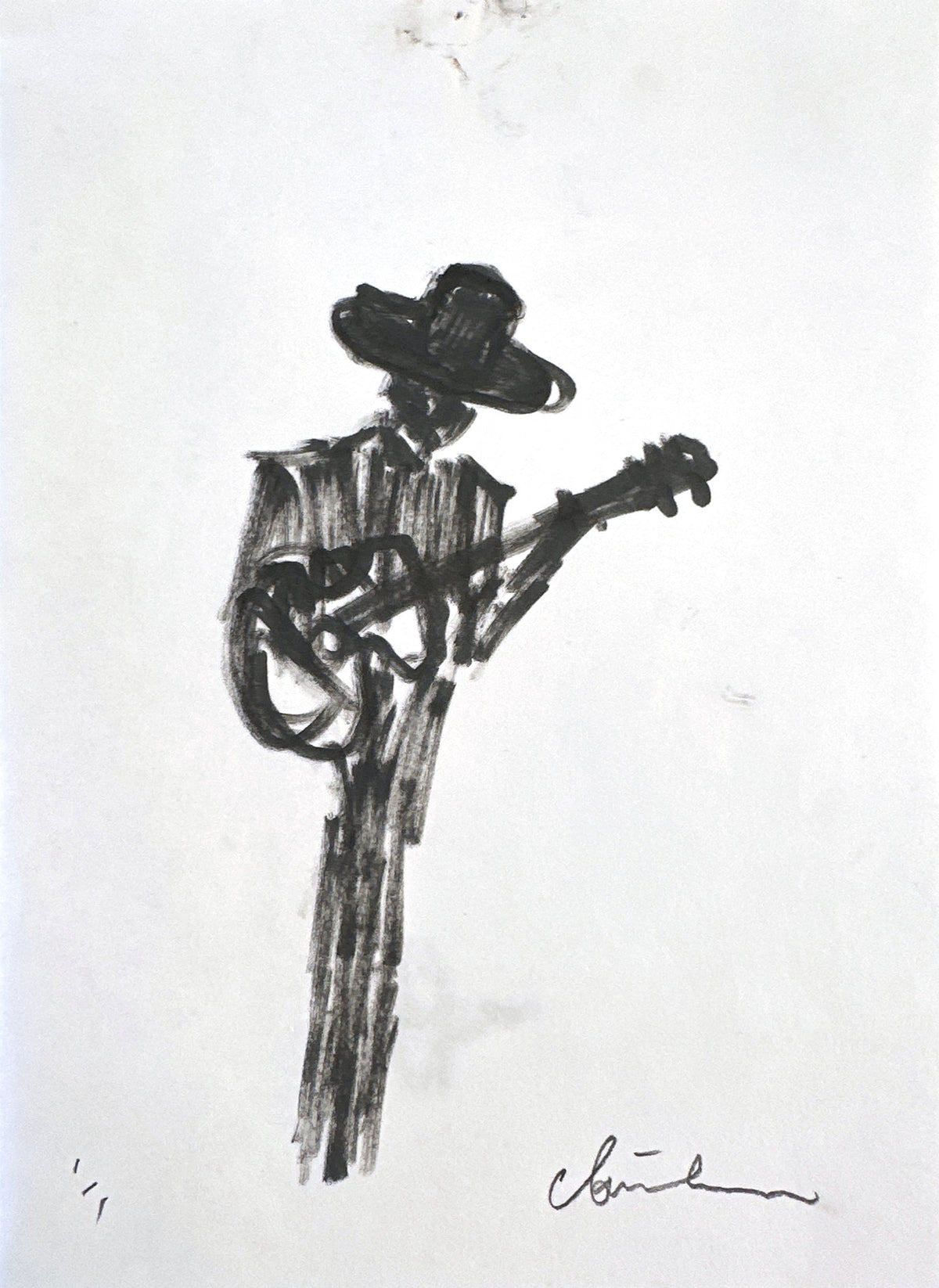 Close view of the Cowboy with Guitar acrylic sketch, signed and marked 1/1