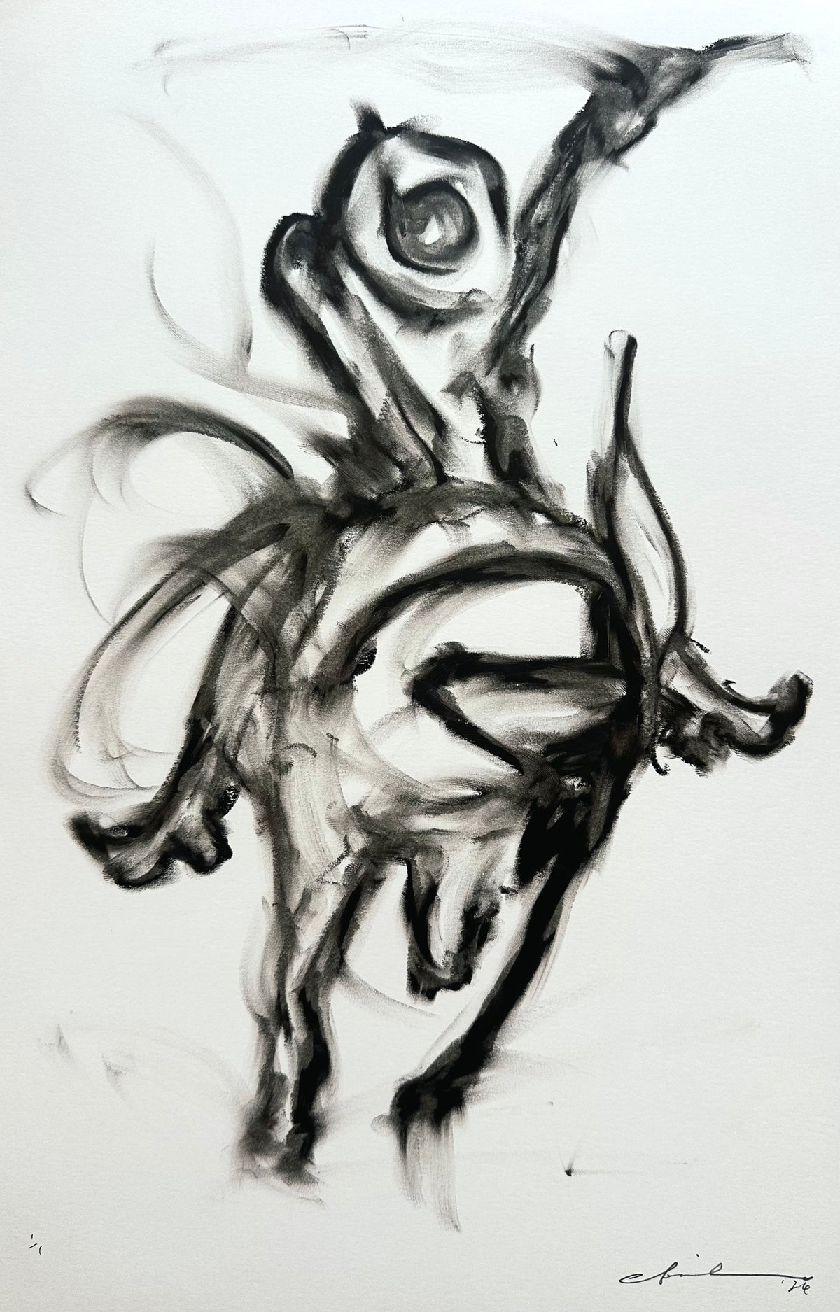Black oil pastel drawing of a rider on a bucking bull, one arm raised, on white bristol board