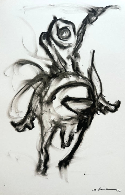 Black oil pastel drawing of a rider on a bucking bull, one arm raised, on white bristol board