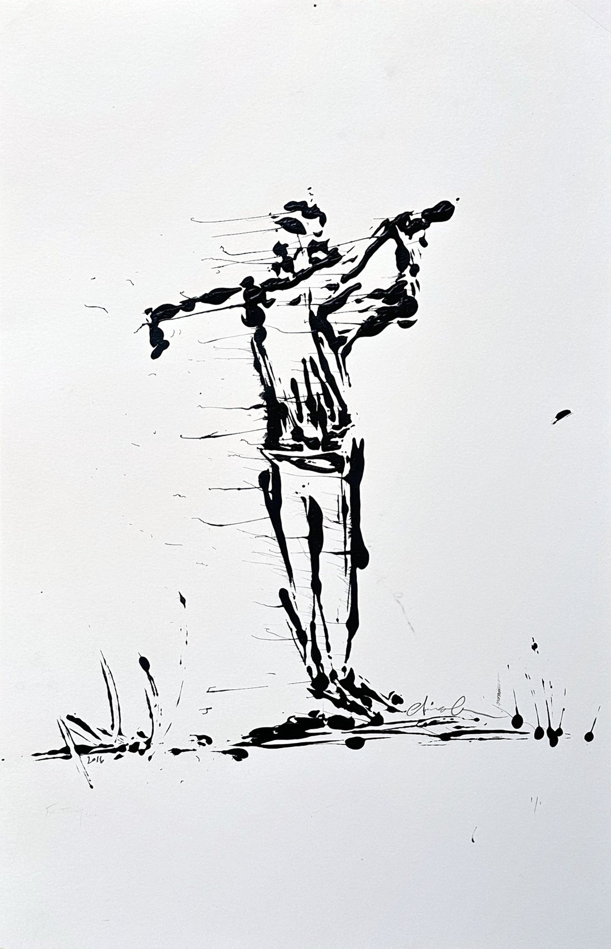 Close view of Straight Down Tea Olive, the 2016 golfer acrylic painting by Chris Coleman, signed, dated and marked 1/1
