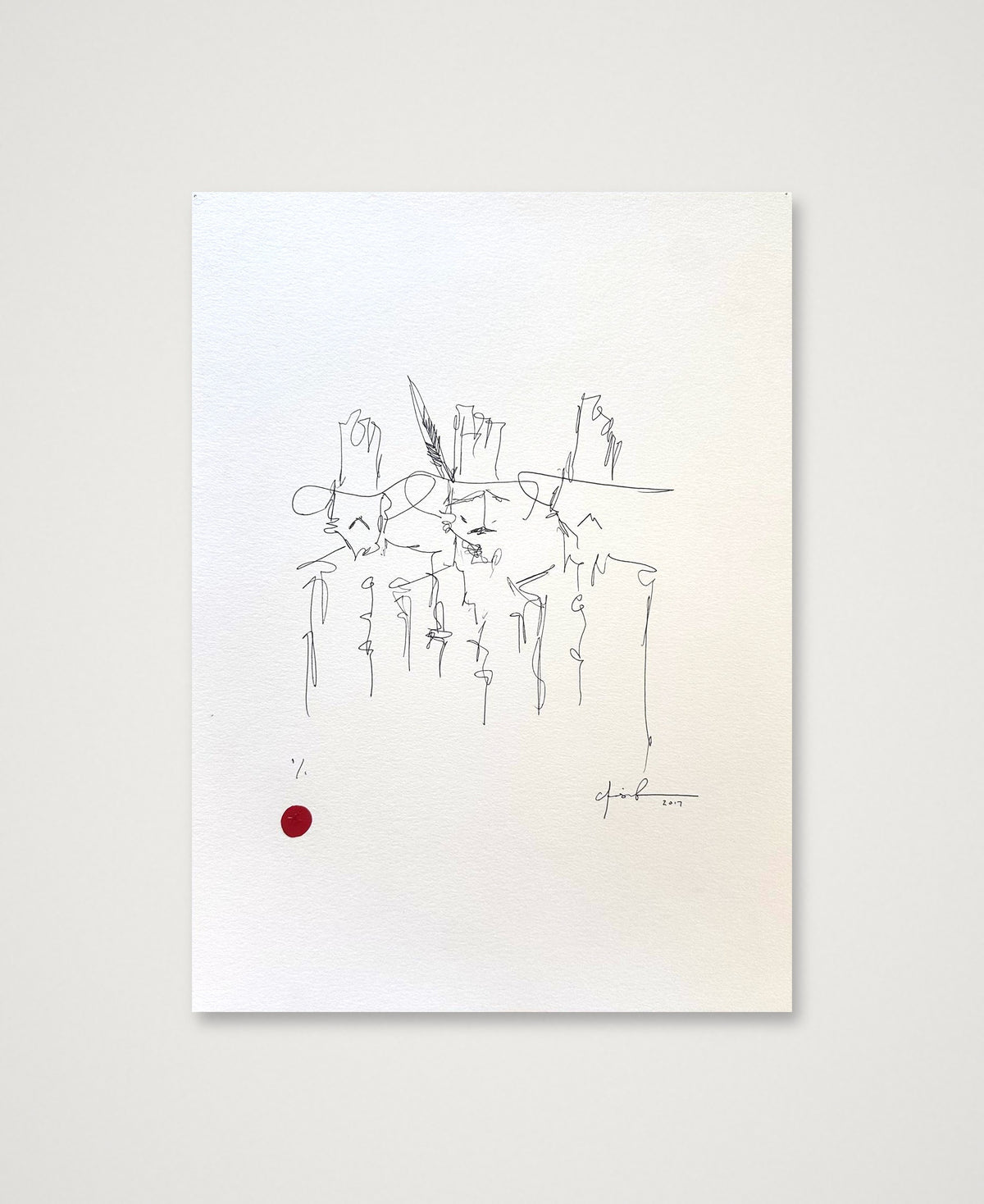 Three Cowboys, signed 2017 original pen and ink line drawing by Chris Coleman on white paper