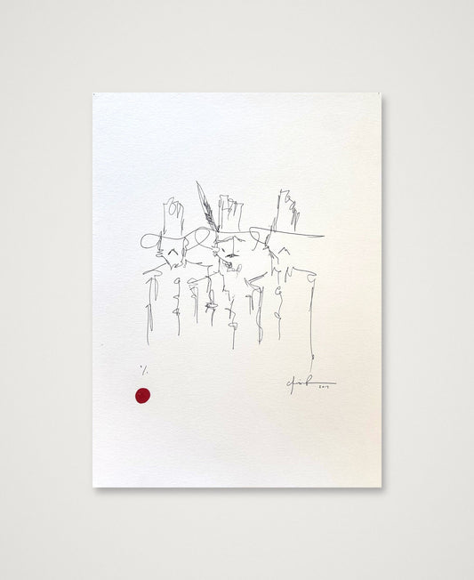 Three Cowboys, signed 2017 original pen and ink line drawing by Chris Coleman on white paper