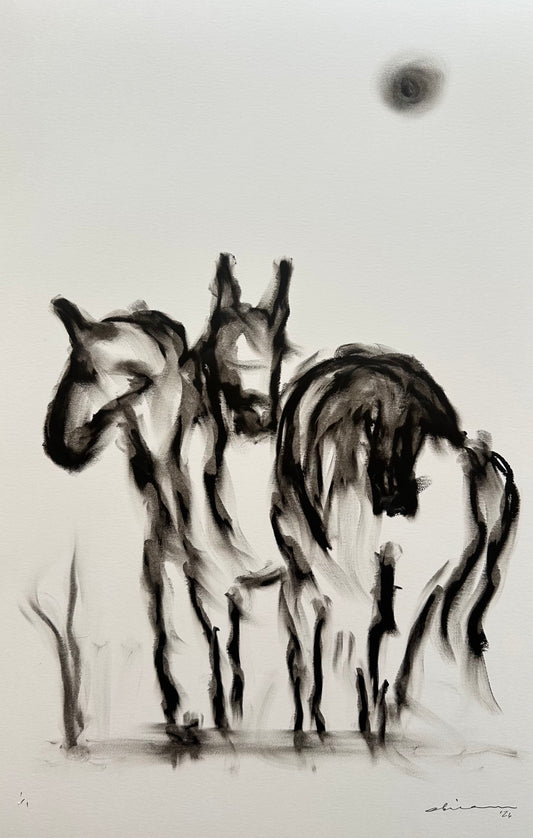 Black oil pastel drawing of three horses standing close together under a dark sun, on white bristol board