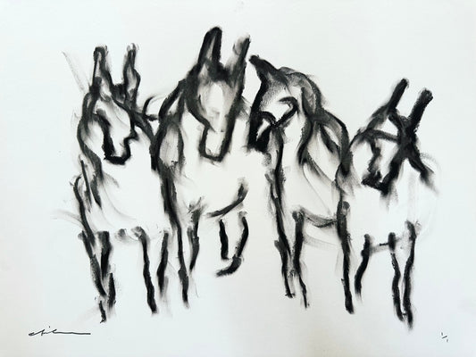 Black oil pastel drawing of four horses standing close together, heads raised and turned toward each other, on white bristol board