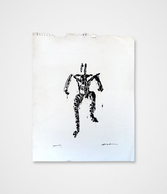 Appalachian Stomp, signed original black acrylic painting by Chris Coleman of a dancing figure, on torn-edge white paper