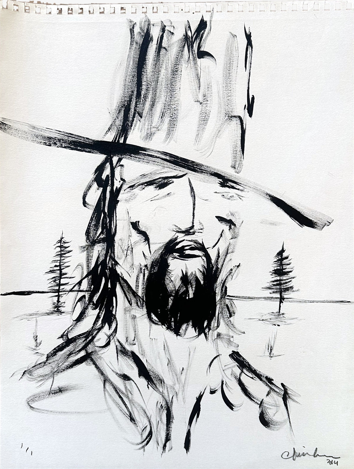 Close view of the 2014 bearded man acrylic portrait by Chris Coleman, signed, dated and marked 1/1