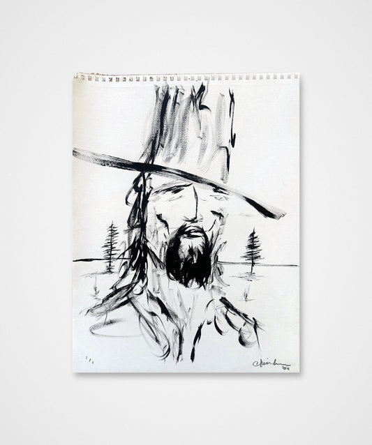 Signed 2014 original black acrylic portrait by Chris Coleman of a bearded man in a hat with pines behind him, painted in Copenhagen, on white paper