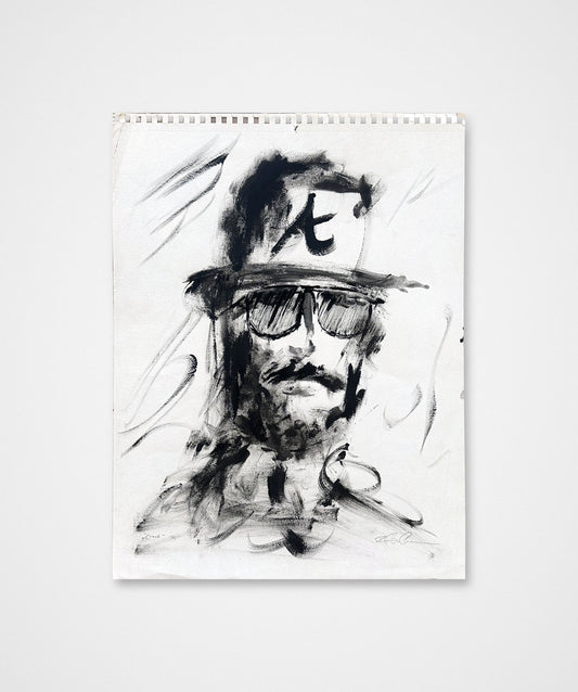 Coach, a signed 2014 original black acrylic self-portrait by Chris Coleman in a cap and glasses, on white paper