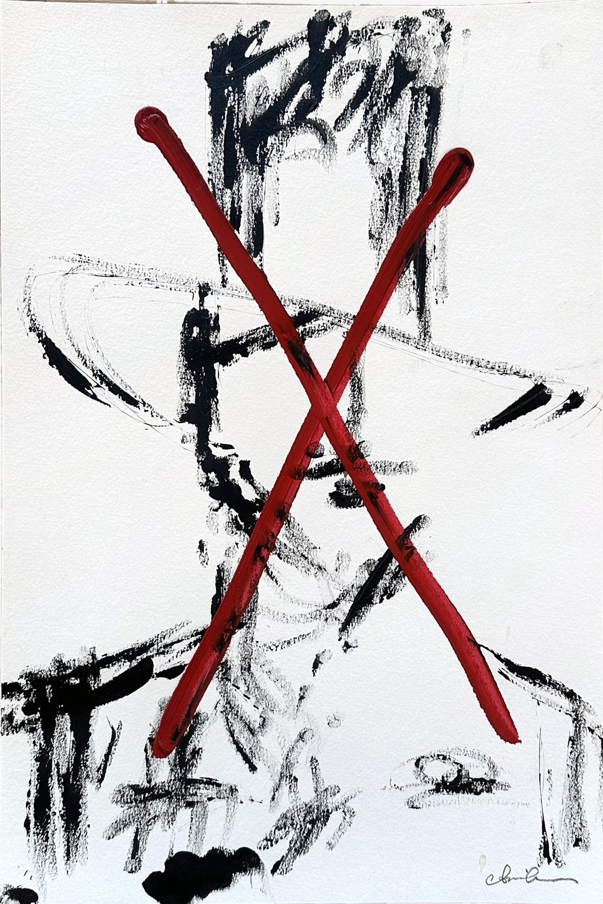 Close view of the crossed-out figure acrylic painting by Chris Coleman, with the signature