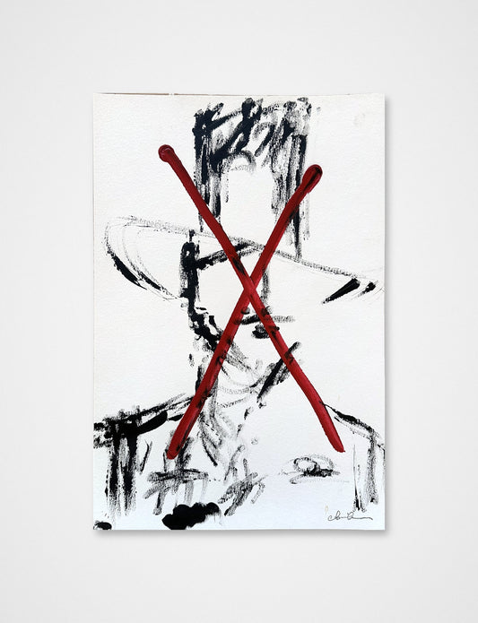 Signed original acrylic painting by Chris Coleman of a black figure crossed out with a red X, on white paper