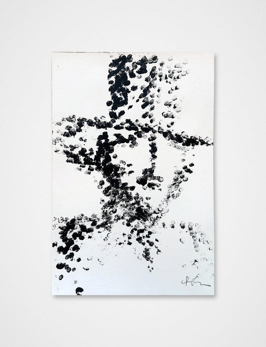 Signed original black acrylic painting by Chris Coleman of a figure in a tall hat made of dots, on white paper