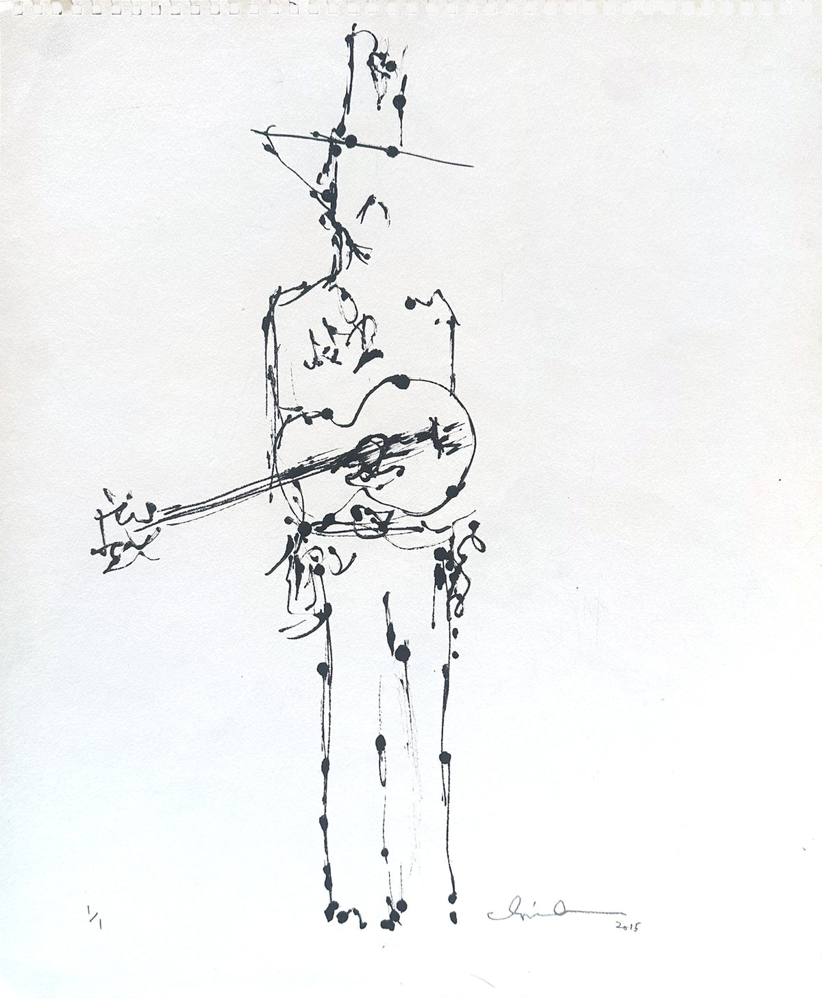 Close view of the front of the sheet, the 2015 Guitar Man acrylic painting by Chris Coleman, signed, dated and marked 1/1