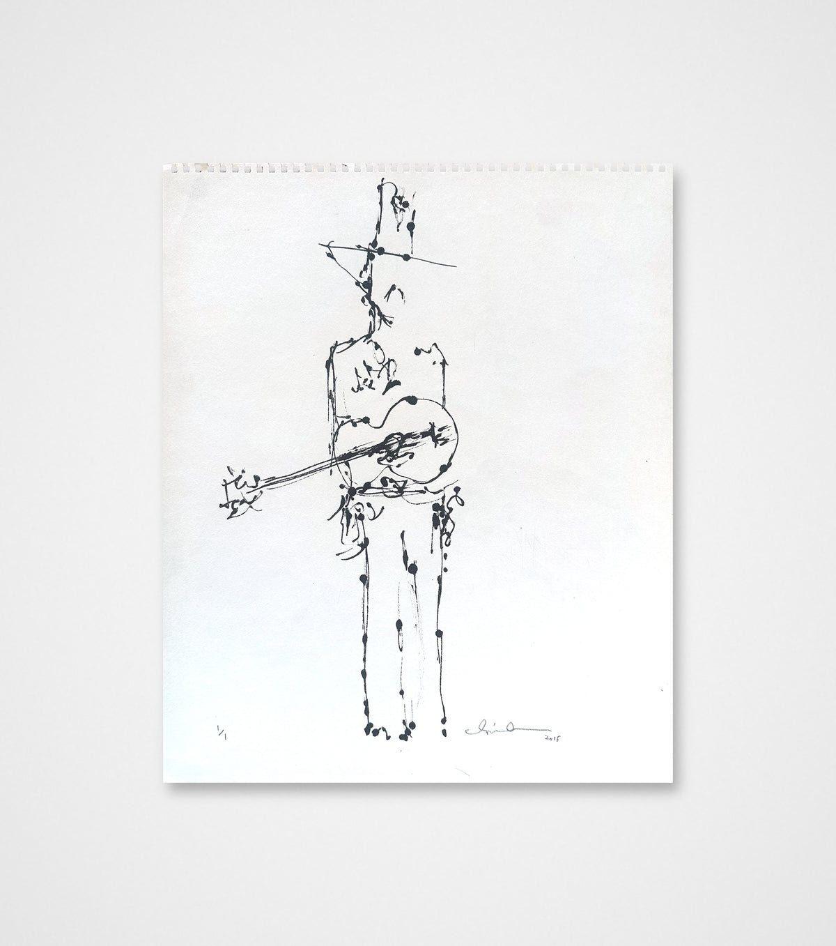 Front: Guitar Man, signed 2015 original black acrylic painting by Chris Coleman of a figure in a hat holding a guitar, on white paper