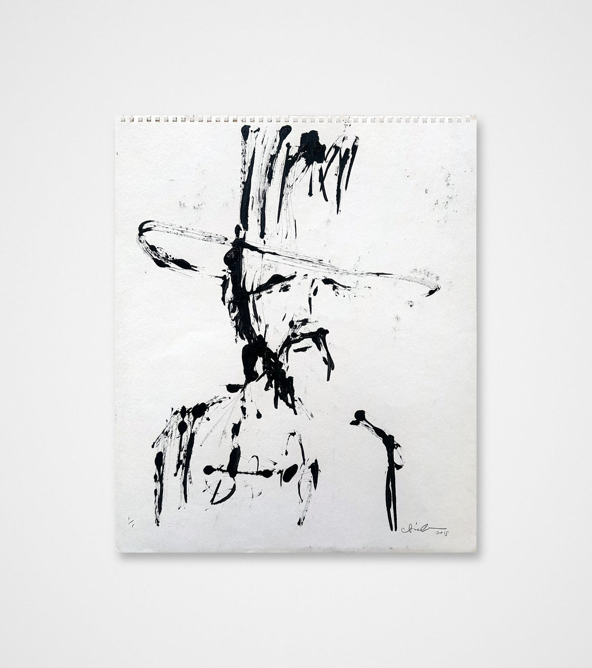 Back: Hat Portrait, signed 2015 original black acrylic portrait by Chris Coleman of a man in a tall hat