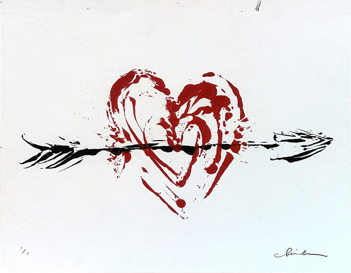 Close view of the heart and arrow acrylic painting by Chris Coleman, signed and marked 1/1