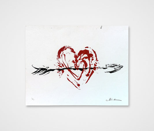Signed 2014 original acrylic painting by Chris Coleman of a red heart pierced by a black arrow, on white paper