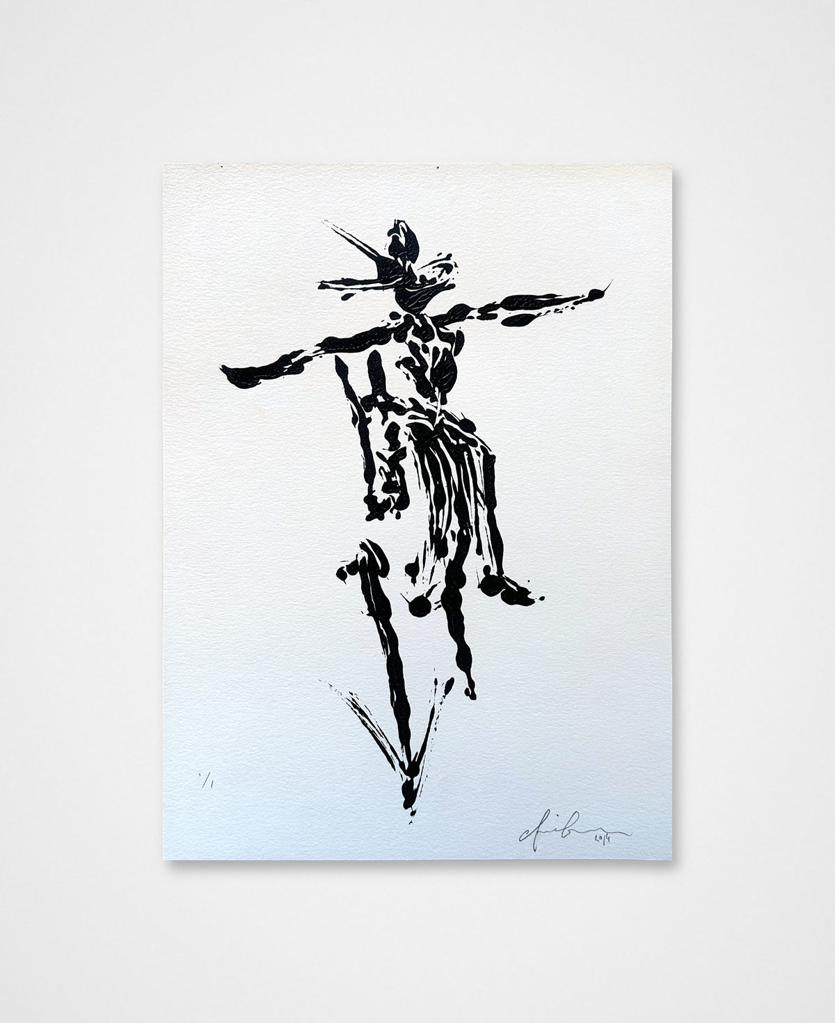 Signed 2014 original black acrylic painting by Chris Coleman of a rider on horseback with arms outstretched, on white paper