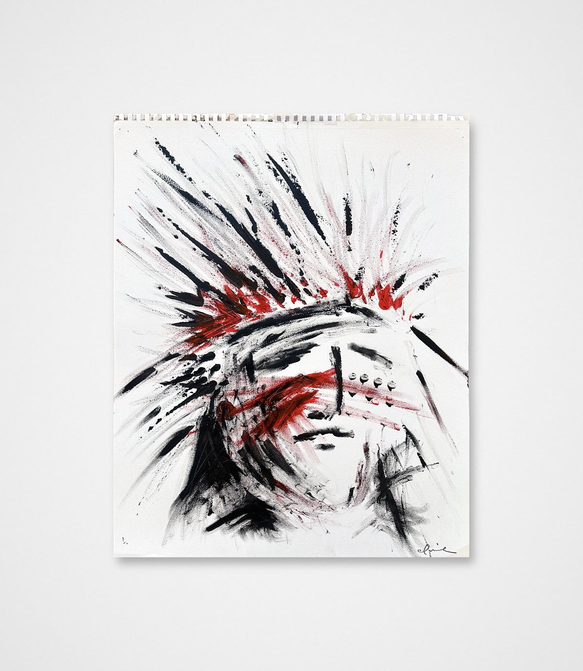 Ancient Leader, a signed 2013 original red and black acrylic painting by Chris Coleman of a face beneath a feathered headdress, on white paper