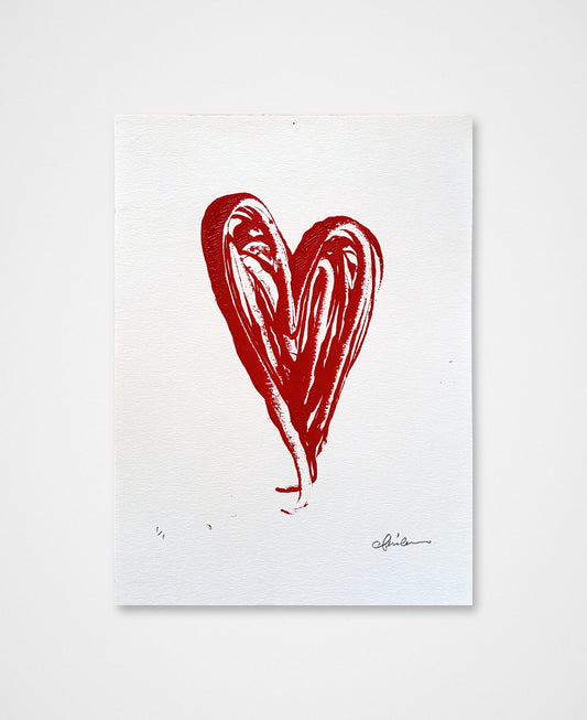 Signed original red heart acrylic painting by Chris Coleman on white paper