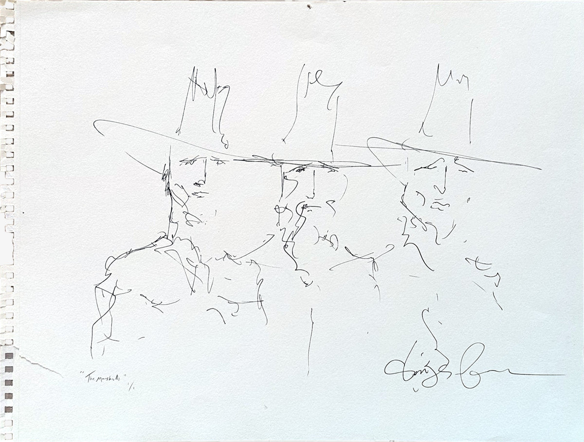 Close view of The Marshalls pen and ink line drawing by Chris Coleman, with handwritten title, signed and marked 1/1