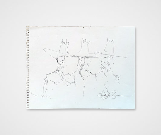 The Marshalls, signed original pen and ink line drawing by Chris Coleman of three figures in tall hats, on white paper