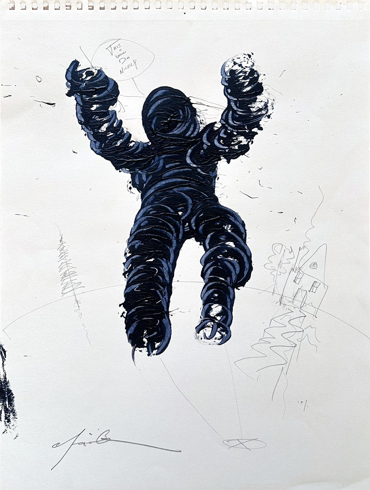 Close view of the leaping navy figure acrylic painting by Chris Coleman, with pencil notes and signature