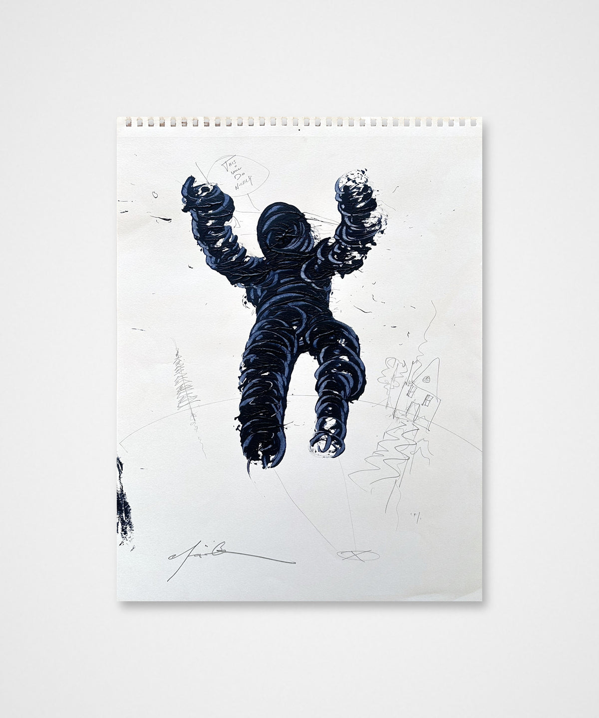 Signed original acrylic and pencil painting by Chris Coleman of a leaping figure in navy with faint pencil sketches, on white paper